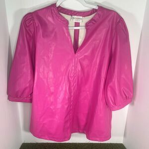 First Love by Lovely – Pink Faux Leather Top with Three-Quarter Sleeves Size Lar